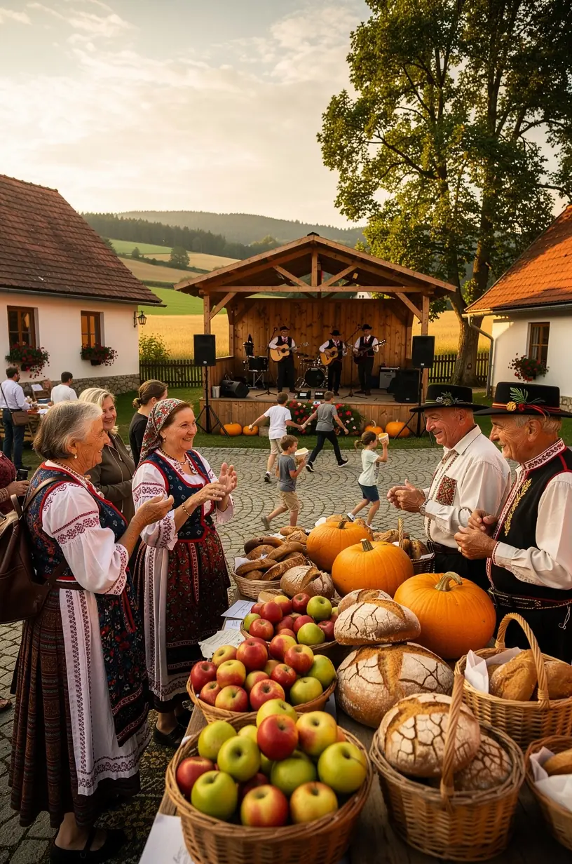 Visitors enjoying live music and crafts at a vibrant Slovak cultural event in a historic town center.