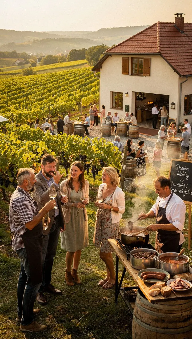 Group of tourists following a guided route through Slovak cultural sites during a seasonal festival circuit.
