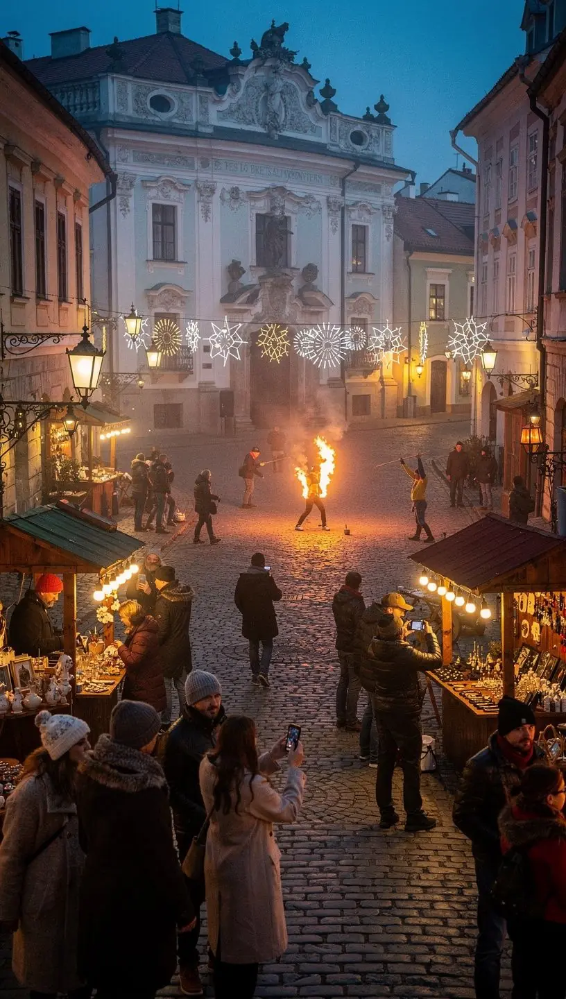 Colorful traditional Slovak folk dancers performing at an outdoor cultural festival in a village square.